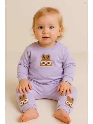 Dinamik çocuk Kız Bebek Gözlüklü Şirin Tavşan Nakışlı Uzun Kollu 2li Alt Üst Bebek Takımı %100 Pamuklu 6-9-12-18AY