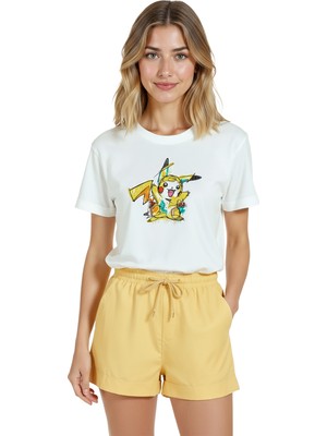 Color Luxe Kadın Beyaz Relaxed Fit %100 Pamuk Tişört – Pikachu Karakter Baskılı