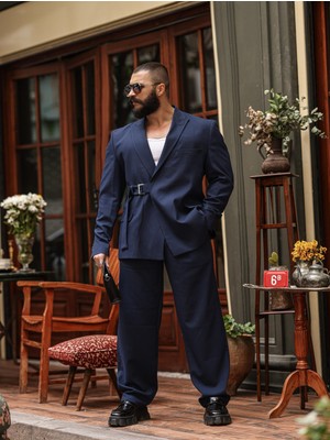 Kastrioti Kemerli Blazer Ceket Lacivert Denim Pamuk Erkek Slim Fit Özellikli Casual Stil