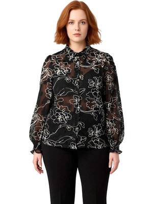 Ersefa Büyük Beden Kadın Çiçek Desenli Transparan Dokuma Uzun Kollu Gömlek Gipeli Manşet Detayı Şık