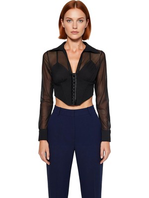 Ersefa Kadın Için Agraflı Korse Detaylı Şeffaf Kollu Crop Gömlek Modern ve Çekici Bir Görünüm Şık