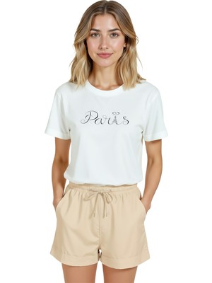 Color Luxe Kadın Beyaz Relaxed Fit %100 Pamuk Tişört – El Yazısı “paris” & Eyfel Illüstrasyonlu