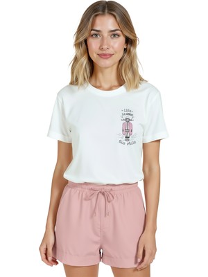 Color Luxe Kadın Beyaz Relaxed Fit %100 Pamuk Tişört – Pembe Vespa & “enjoy The Ride” Baskılı