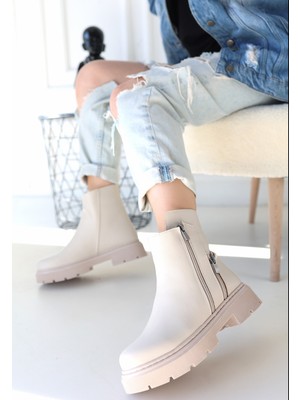 Kyops Menta Bej Cilt Fermuar Aksesuarlı Bot - Lisinya