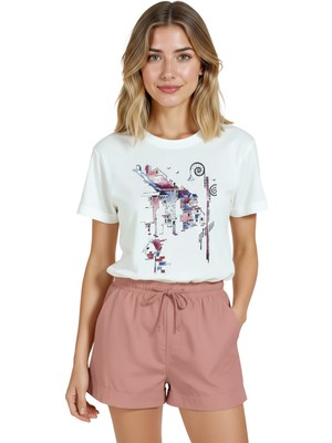 Color Luxe Kadın Beyaz Relaxed Fit %100 Pamuk Tişört – Mimari Kolaj & Sokak Evleri Baskılı