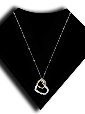 Roxx Jewellery 925 Ayar Gümüş Top Zincirli Çift Renk Ikili Kalp Kadın Kolye