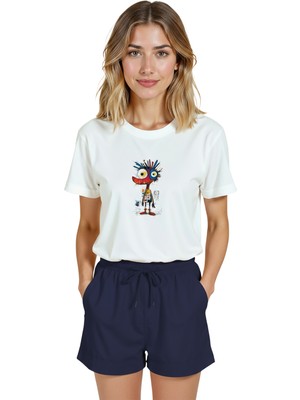 Color Luxe Kadın Beyaz Relaxed Fit %100 Pamuk Tişört – Renkli Soyut Karakter & Çizgisel Baskılı