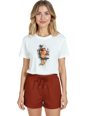 Color Luxe Kadın Beyaz Relaxed Fit %100 Pamuk Tişört – Soyut Çizgisel Portre & Renkli Geometri Baskılı