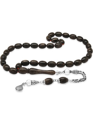 Tesbihane 925 Ayar Gümüş Kral Zincir Püsküllü Sülün Imame Beyzi Kesim Gri - Siyah Katalin Tesbih