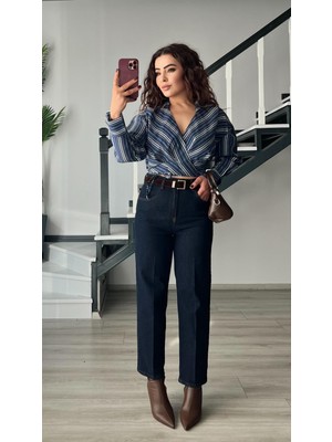 Oslove Süet Kemerli Koyu Lacivert Skater Jean