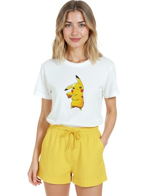 Color Luxe Kadın Beyaz Relaxed Fit %100 Pamuk Tişört – Pikachu Çizgi Karakter Baskılı