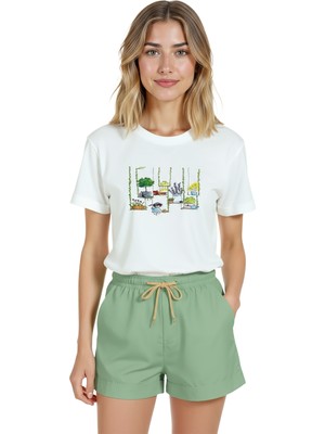 Color Luxe Kadın Beyaz Relaxed Fit %100 Pamuk Tişört – Suluboya Saksı Bitkiler Baskılı