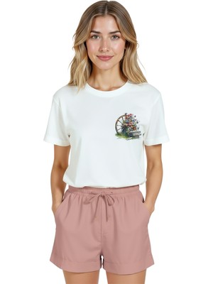 Color Luxe Kadın Beyaz Relaxed Fit %100 Pamuk Tişört – Çiçekli Teker Suluboya Minyatür Baskılı