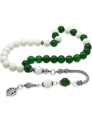 Tesbihane 925 Ayar Gümüş Püsküllü Küre Kesim Yeşil Beyaz Jade Doğaltaş Taraftar Tesbih