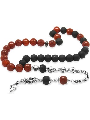 Tesbihane Kararmaz Metal Arnavut Püsküllü Küre Kesim Kırmızı Siyah Oniks Akik Doğaltaş Taraftar Tesbih M2