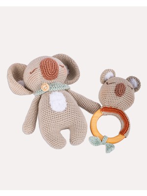 Hoogie Hugsy Koala 2'li Amigurumi Doğal Ahşap ve Organik Pamuk Oyuncak Çıngırak Seti
