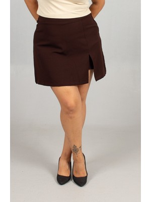 Truva Xxl Konforlu Şıklık Kahverengi Likralı Krep Etek Şort