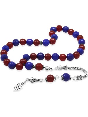 Tesbihane 925 Ayar Gümüş Foxtail Zincir Püsküllü Küre Kesim Bordo Mavi Jade Doğaltaş Taraftar Tesbih