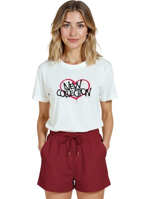 Color Luxe Kadın Beyaz Relaxed Fit %100 Pamuk Tişört – Grafiti Kalp & “new Collectıon” Baskılı