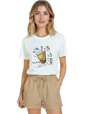 Color Luxe Kadın Beyaz Relaxed Fit %100 Pamuk Tişört – Bubble Tea & Çizgisel Illüstrasyonlu