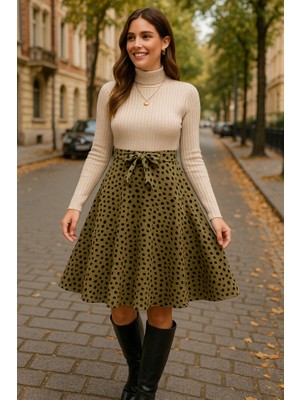 Etiler Collection Kadın Uzun Kollu Balıkçı Yaka Belden Bağlamalı Üst Kaşkorse Eteği Dalgıç Elbise