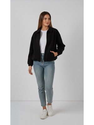 Modestria Kadın Siyah Fermuarlı Kaşe Ceket