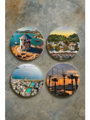 Nurdic Ev Dekor Oval Pleksi Bardak Altlığı Temalı Desenli 4'lü Set Bodrum