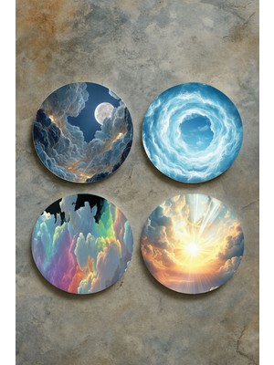 Nurdic Ev Dekor Oval Pleksi Bardak Altlığı Temalı Desenli 4'lü Set Cloud