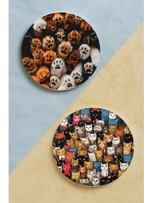 Nurdic Ev Dekor Oval Pleksi Bardak Altlığı Temalı Desenli 2 Adet Set Cat Team