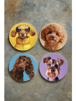 Nurdic Ev Dekor Oval Pleksi Bardak Altlığı Temalı Desenli 4'lü Set Köpek