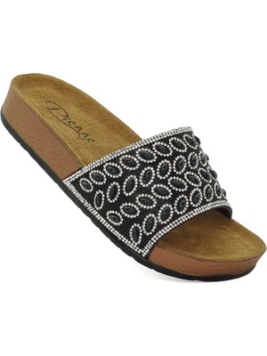 Pienn Kadın İnci Detaylı Siyah Taşlı Yumuşak Taban Rahat Terlik