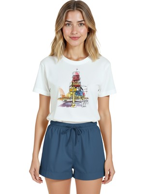 Color Luxe Kadın Beyaz Relaxed Fit %100 Pamuk Tişört – Times‑square Eskizli Baskılı