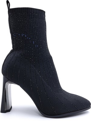 Guja G25K104  Özel Tasarım 8 cm Topuklu Siyah Kadın Taş Dtaylı Çorap Bot Bootie