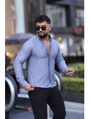 L-KOM Saklı Düğmeli Slim Fit Klasik Yaka Uzun Kol Pamuk Gömlek