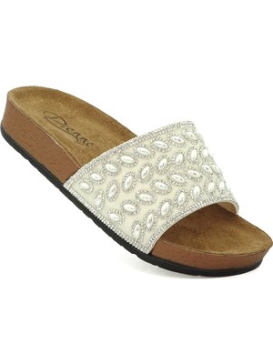 Pienn Kadın İnci Detaylı Beyaz Taşlı Yumuşak Taban Rahat Terlik