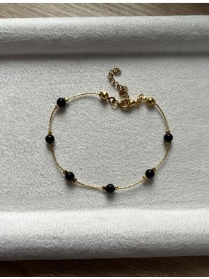 Pel Design Minimal Şungit Taşı Altın Kaplama Bileklik El Yapımı