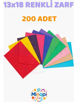 Minopi ( 200 Adet ) Renkli Zarf 13X18 cm Paket Hediye Doğum Günü Dilekleri Zarfı