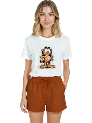 Color Luxe Kadın Beyaz Relaxed Fit %100 Pamuk Tişört – Çizgisel Karalama Kedi Illüstrasyonlu