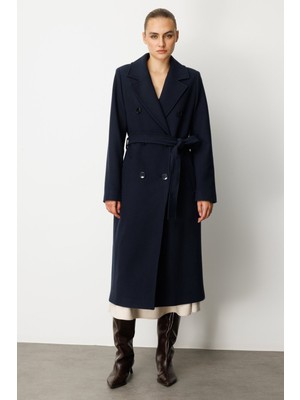 Ekol Kadın Beli Kuşaklı Kruvaze Yaka Kaban 6063 Lacivert