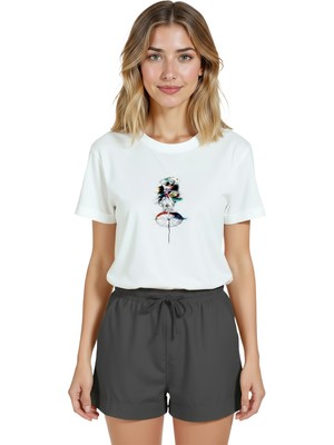 Color Luxe Kadın Beyaz Relaxed Fit %100 Pamuk Tişört – Suluboya Soyut Kadın Figürü Baskılı