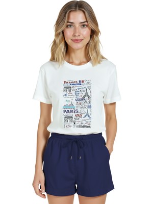 Color Luxe Kadın Beyaz Relaxed Fit %100 Pamuk Tişört – Paris Karikatür Tipografi Baskılı