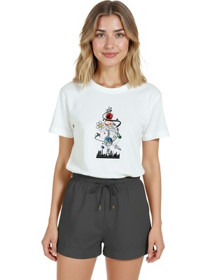 Color Luxe Kadın Beyaz Relaxed Fit %100 Pamuk Tişört – Bilim & Kozmos Illüstrasyonlu