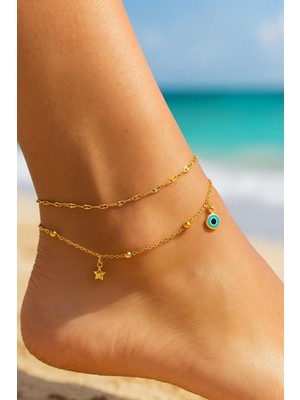 Altın Renk Zirkon Yıldız Nazar Model Singapur ve Top Zincir Çelik Halhal