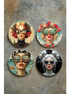 Nurdic Ev Dekor Oval Pleksi Bardak Altlığı Temalı Desenli 4'lü Set Kolaj