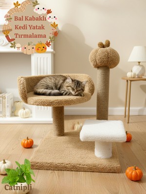 Komano Pontika Bal Kabaklı 🎃 Peluş Kedi Yatağı ve Tırmalama Tahtası | Sonbahar Soft Renklerde Şık Tasarım | Yumuşacık Dinlenme Alanı | Kediler Için Konforlu, Dekoratif ve Dayanıklı Peluş Taht Modeli