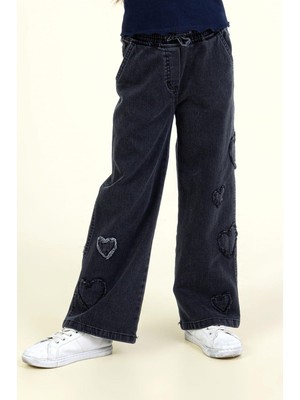Magu Kız Çocuk Pamuklu Siyah Kalp Nakışlı Geniş Paça Jean Pantolon – Rahat Günlük Stil