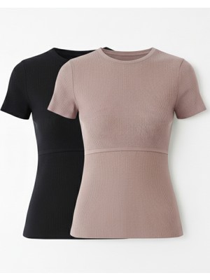 Maternel 2'li Triko Emzirme Özellikli T-Shirt - Pembe & Siyah