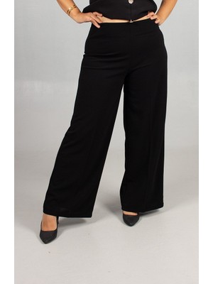 Truva Xxl Siyah Full Likralı Krep Palazzo Pantolon Büyük Beden Bol Paça Rahatlığı