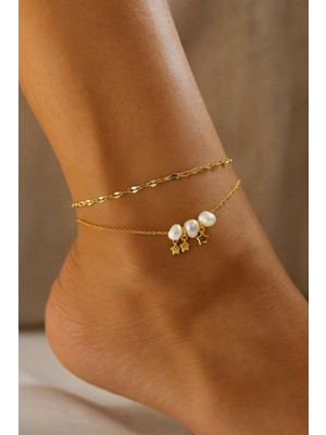 Altın Renk Barok Yıldız Model Singapur ve Sf Zincir Çelik Halhal