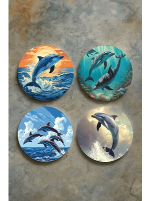 Nurdic Ev Dekor Oval Pleksi Bardak Altlığı Temalı Desenli 4'lü Set Yunus